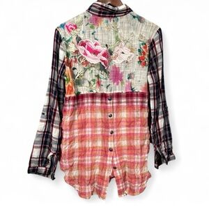 Anthropologie Embroidered Floral Plaid Button Down Shirt Gauze Cotton Bohemian